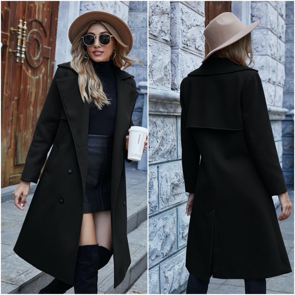 Black wide collar button double breast trench Coat - Picture 7 of 7